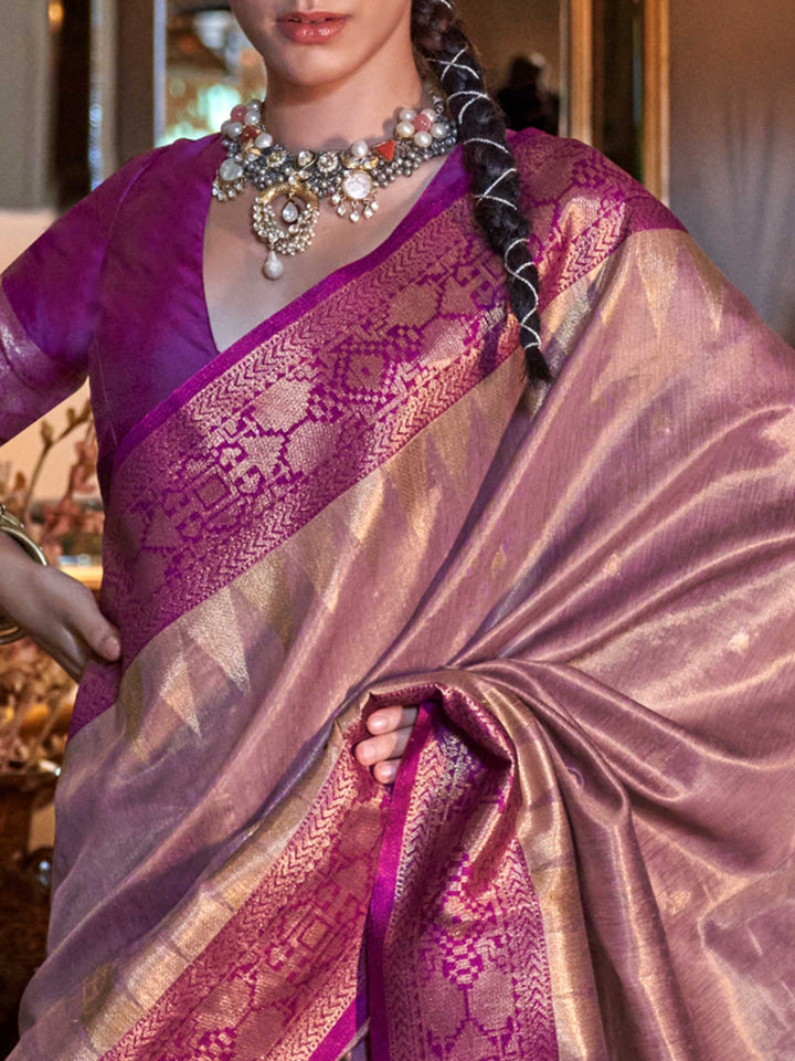 Golden Olive–Crimson Red silk tissue saree styled for modern occasions combining tradition and metallic allure..