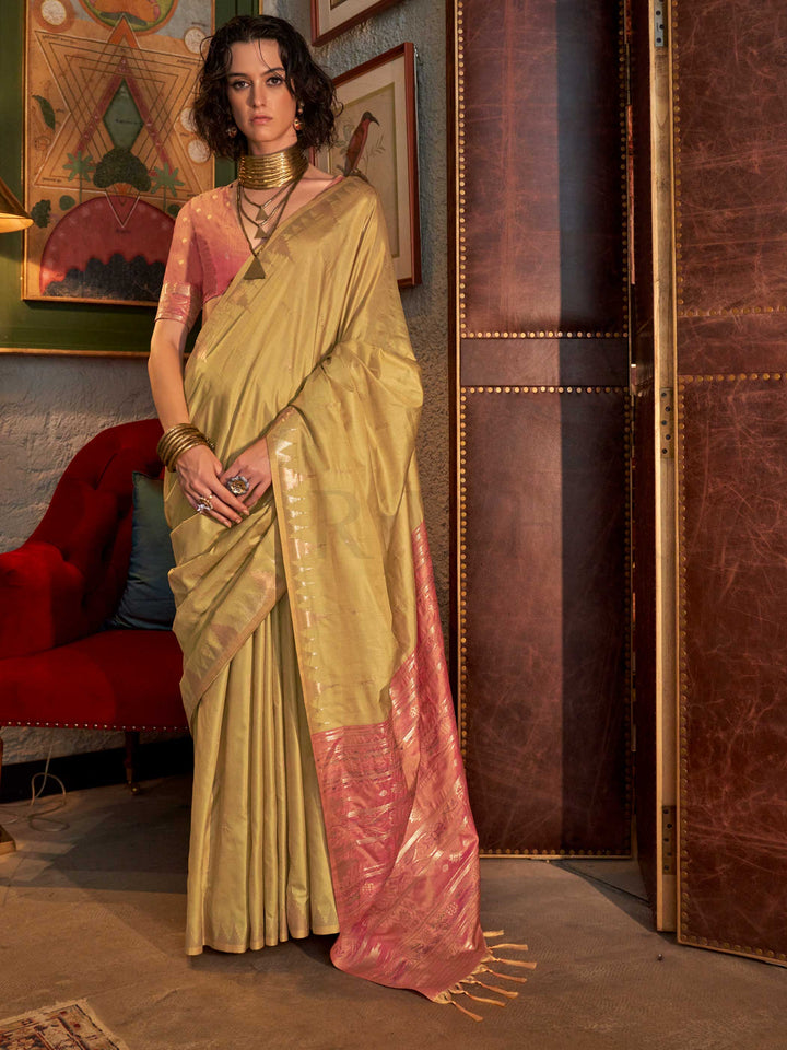 Pistachio Green–Rose Pink feathersoft raw silk saree featuring banarasi ikat design, ideal for sangeet night and festive evening wear with rich texture and contrast blouse. Pistachio Green–Rose Pink feathersoft raw silk saree featuring banarasi ikat design, ideal for sangeet night and festive evening wear with rich texture and contrast blouse..