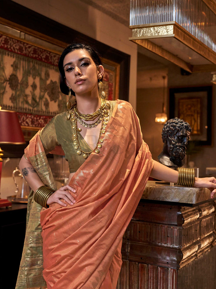Banarasi Sarees Feathersoft Silk Sarees Orange Evening Sangeet Party Orange Kontessa Peach Orange Leaf Green