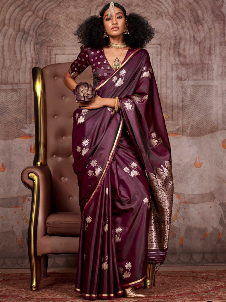 Dark Wine Banarasi Satin Silk Saree with Art Weave
