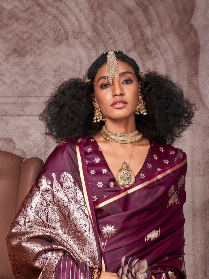 Dark Wine Banarasi Satin Silk Saree with Art Weave