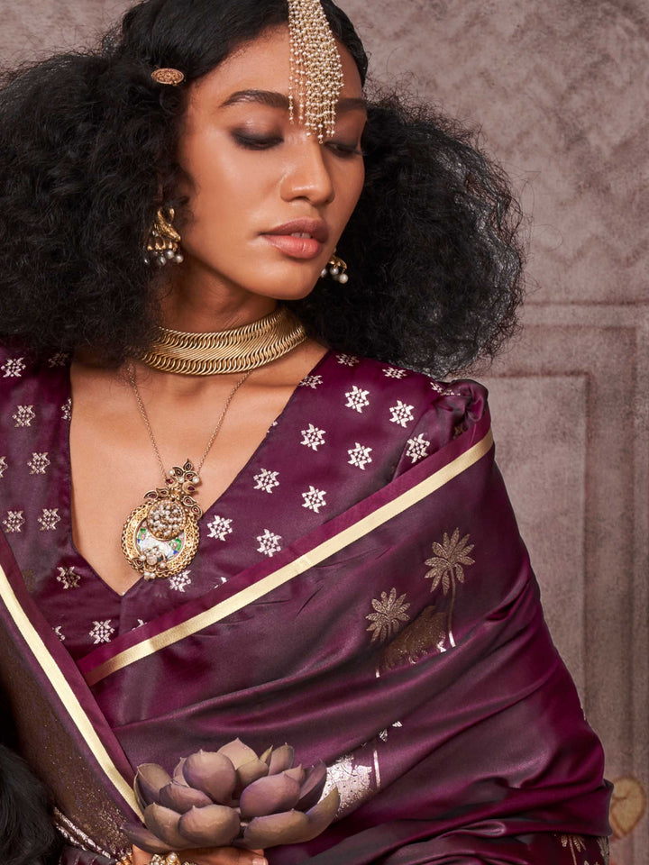 Dark Wine Banarasi Satin Silk Saree with Art Weave