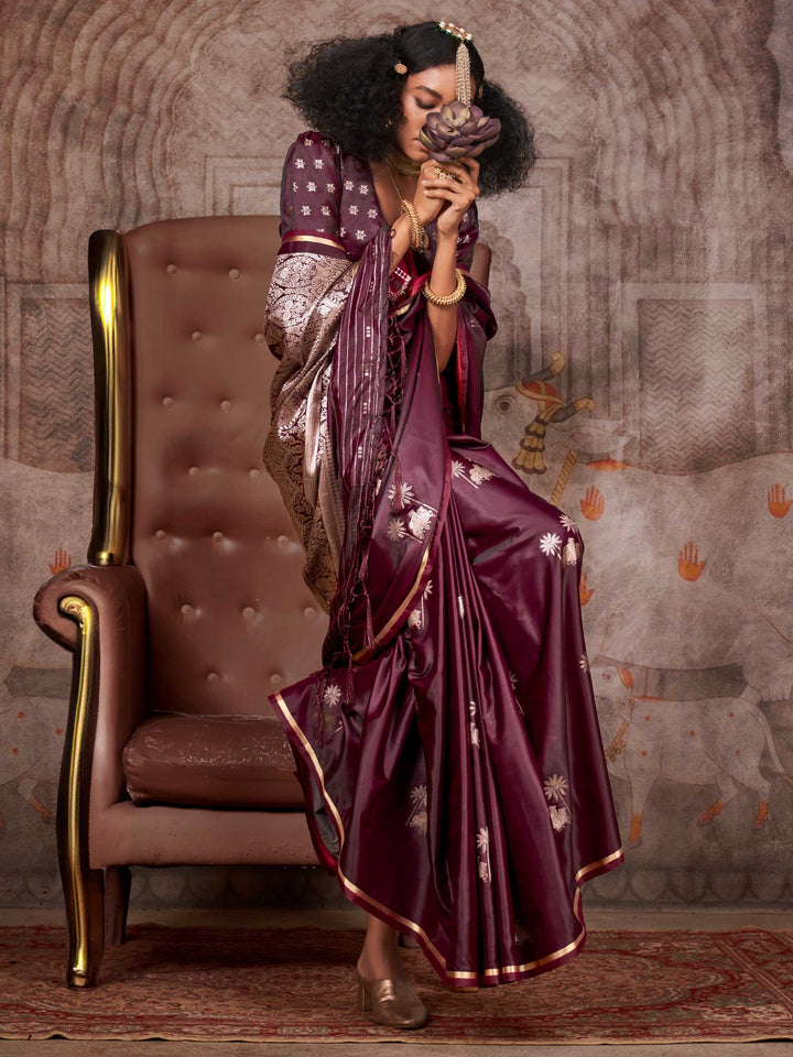 Dark Wine Banarasi Satin Silk Saree with Art Weave