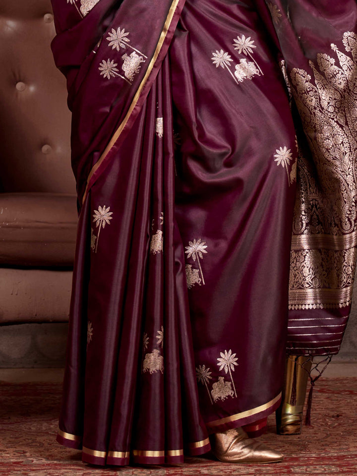 Dark Wine Banarasi Satin Silk Saree with Art Weave