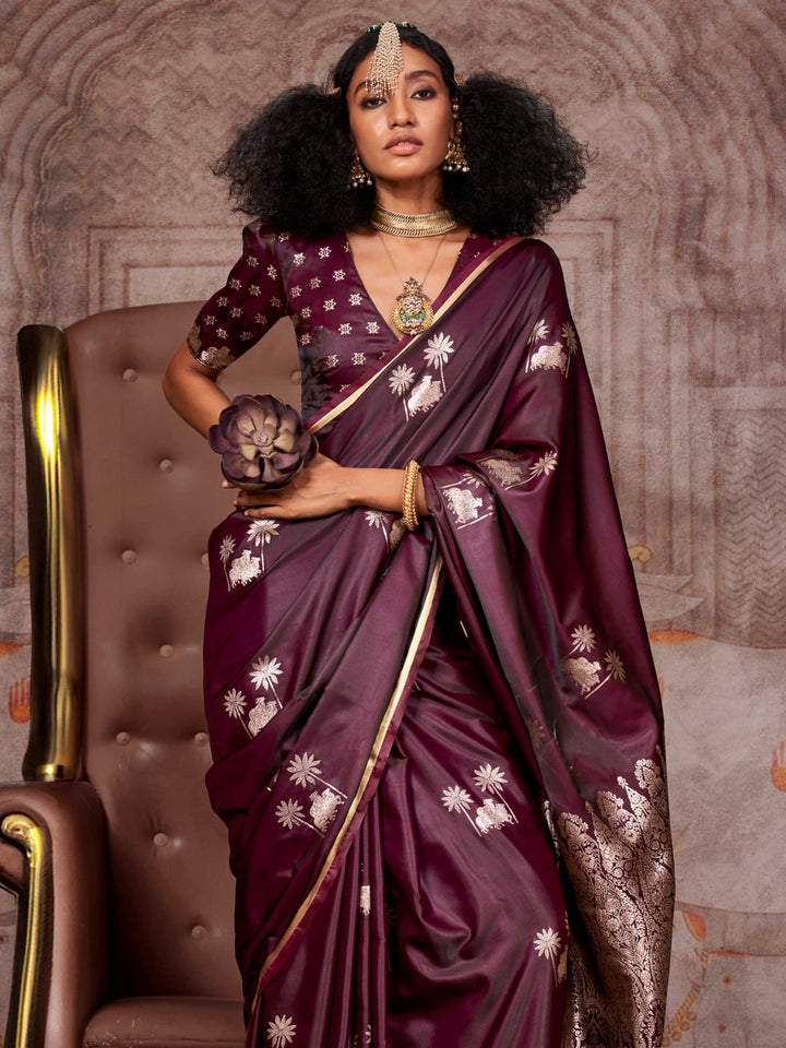 Dark Wine Banarasi Satin Silk Saree with Art Weave