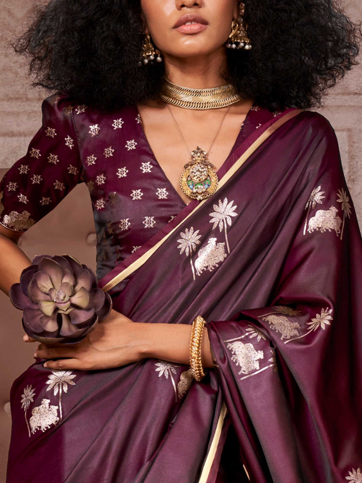 Dark Wine Banarasi Satin Silk Saree with Art Weave