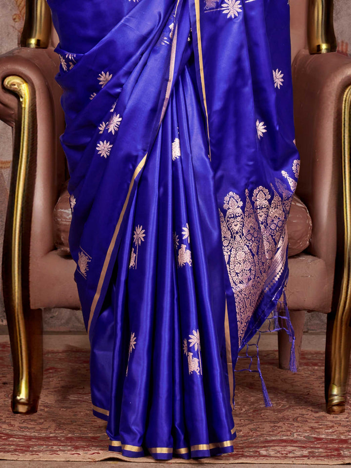 Banarasi Sarees Satin Silk Sarees Blue Reception Festive Blue Kanthkala Pichhwai Royal Blue Silver