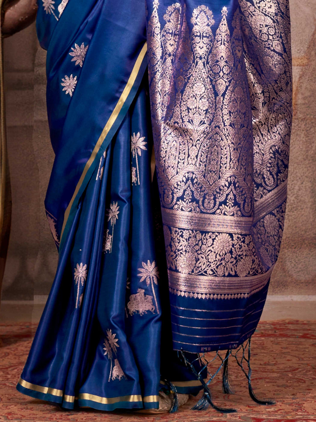 Banarasi Sarees Satin Silk Sarees Blue Reception Wedding Blue Kanthkala Pichhwai Navy Blue Rose Gold