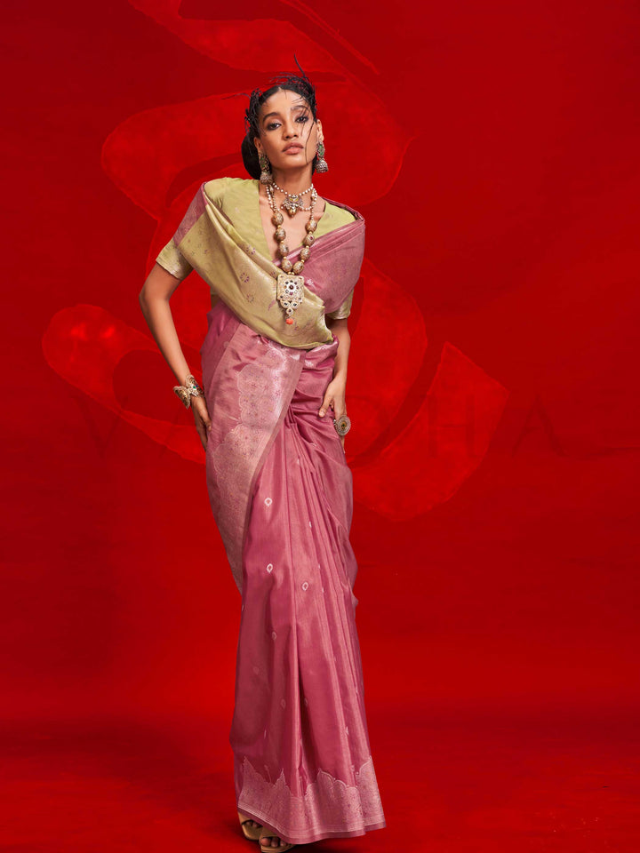 Mauve Purple Tussar Silk Handloom Saree with Gold Zari Pallu