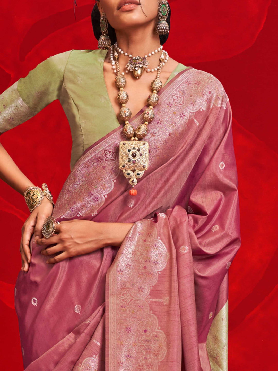 Mauve Purple Tussar Silk Handloom Saree with Gold Zari Pallu