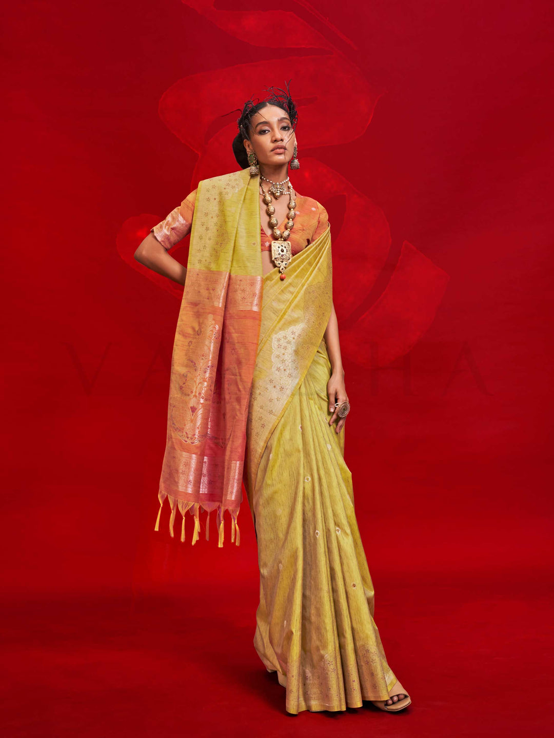 Mustard Yellow Tussar Silk Handloom Saree with Gold Zari Pallu