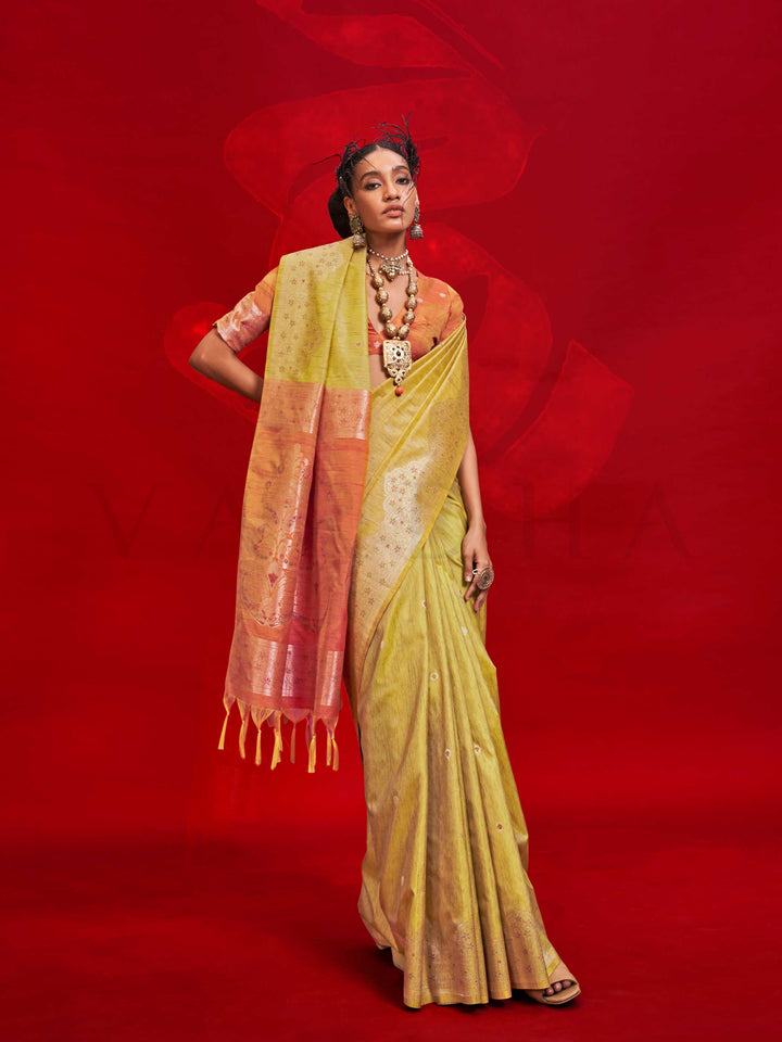 Mustard Yellow Tussar Silk Handloom Saree with Gold Zari Pallu
