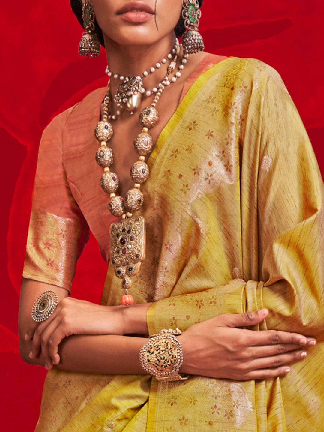 Mustard Yellow Tussar Silk Handloom Saree with Gold Zari Pallu