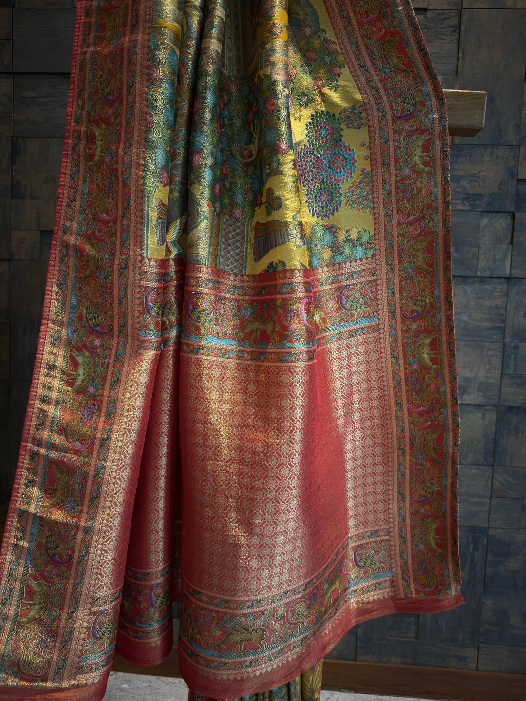 Mustard Yellow Mughal Motif Banarasi Katan Silk Saree with Pink Tissue Blouse