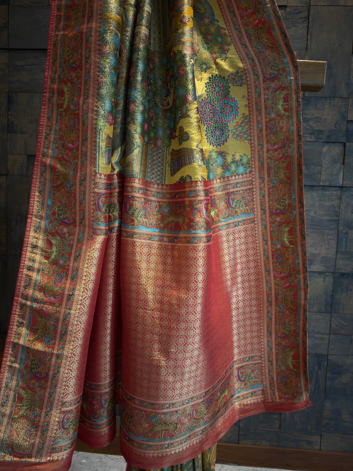 Mustard Yellow Mughal Motif Banarasi Katan Silk Saree with Pink Tissue Blouse