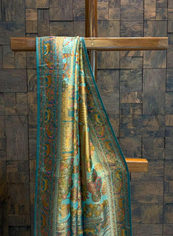 Sky Blue Mughal Motif Banarasi Katan Silk Saree with Tissue Blouse