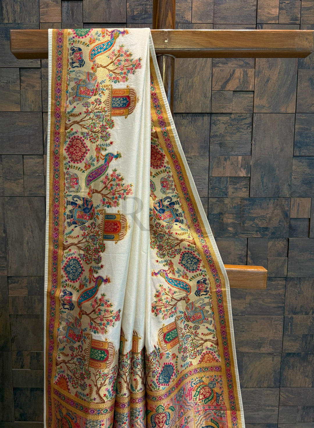Off-White Viscose Katan Silk Saree with Zari Jungle Motifs