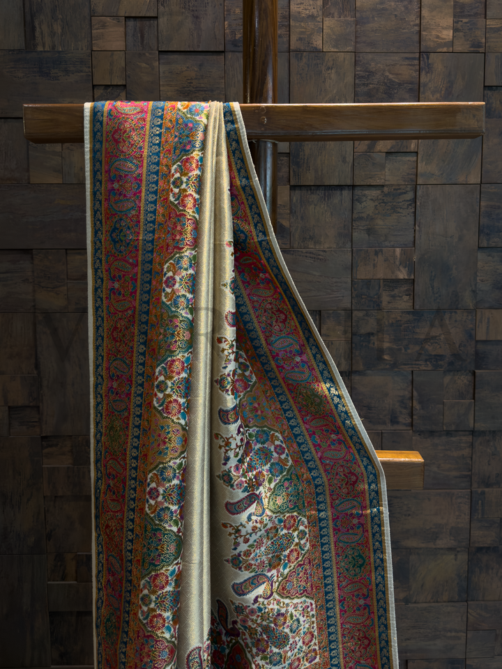 Cream Banarasi Katan Silk Saree with Zari Peacock Motifs and Paisley Pallu