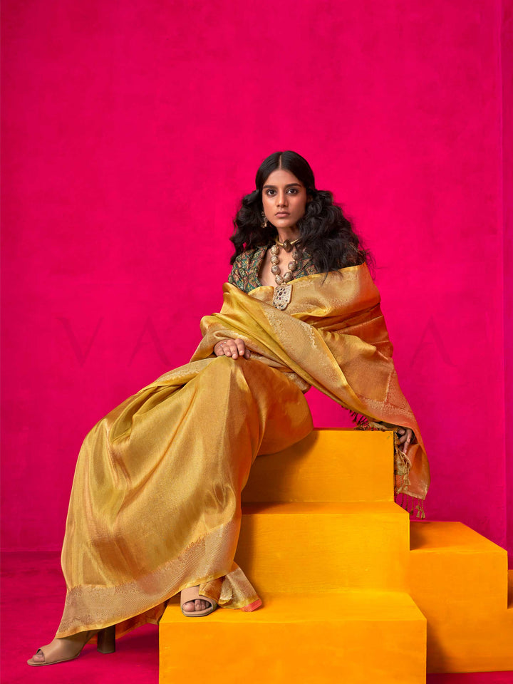 Banarasi Sarees Feathersoft Silk Sarees Yellow Bridesmaids Wedding Guests Wedding Mustard Klaila Golden Mustard Gold