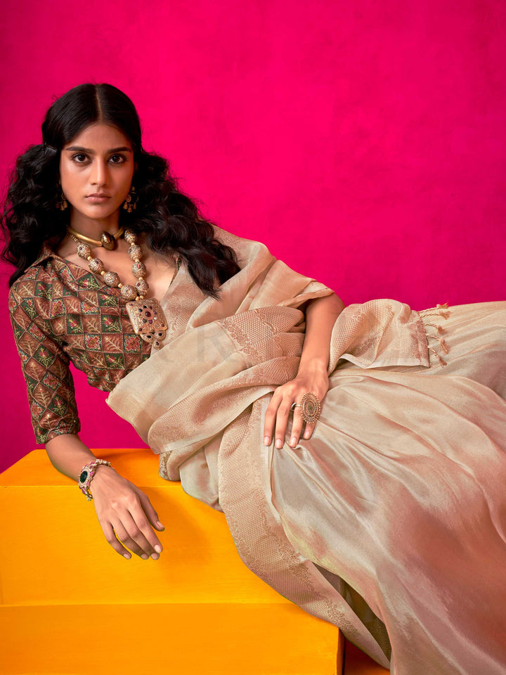 Banarasi Sarees Feathersoft Silk Sarees White Bridesmaids Wedding Guests Wedding Beige Klaila Ivory Beige Ivory