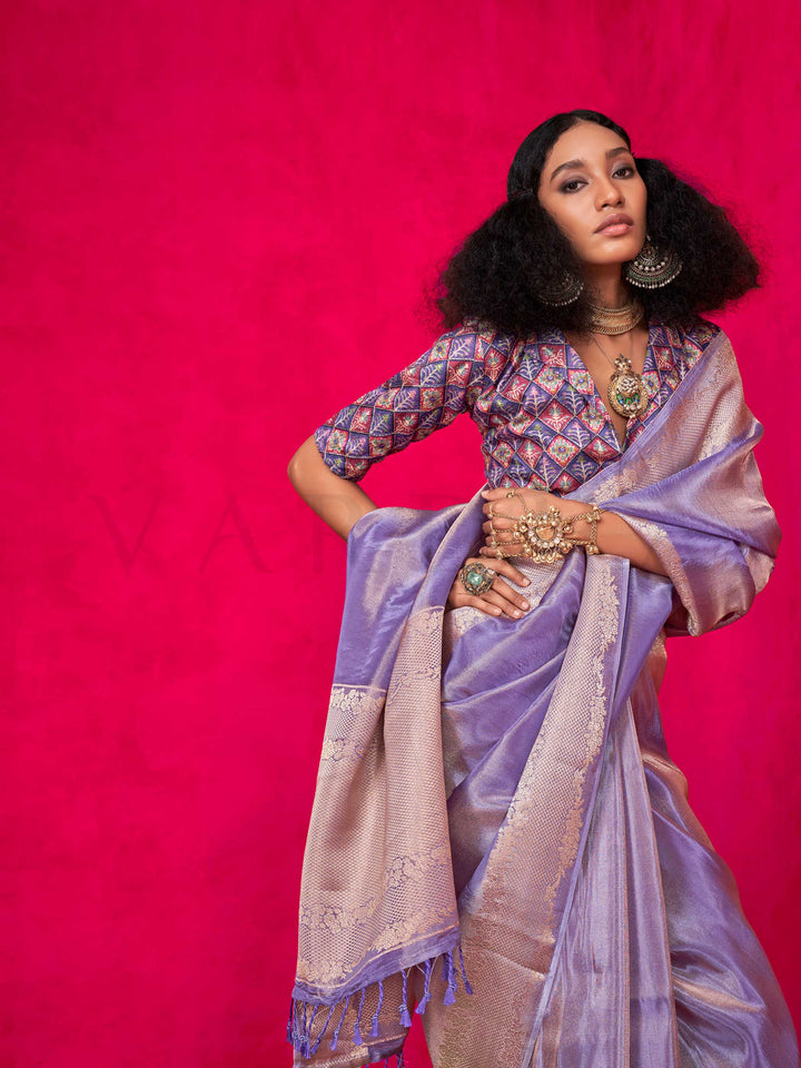 Banarasi Sarees Feathersoft Silk Sarees Grey Bridesmaids Wedding Guests Wedding Grey Klaila Lavender Grey Rose Gold