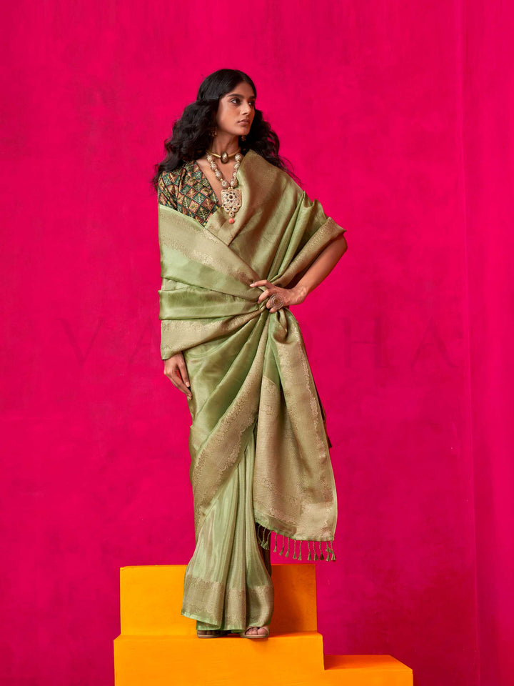 Banarasi Sarees Feathersoft Silk Sarees Green Bridesmaids Wedding Guests Wedding Green Klaila Sage Green Olive