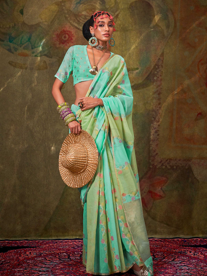 Green-Blue Lightweight Cotton Saree with Printed Design