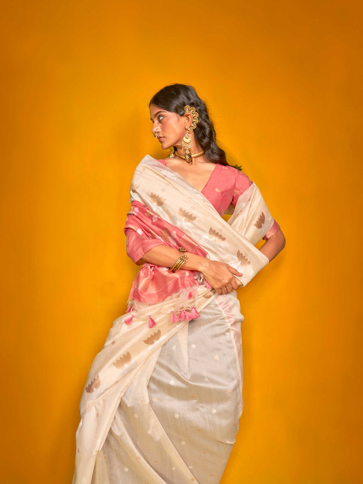 Banarasi Sarees Silk Sarees White Haldi Mehendi Festive Cream Krystal Lotus Ivory Cream Peach Pink