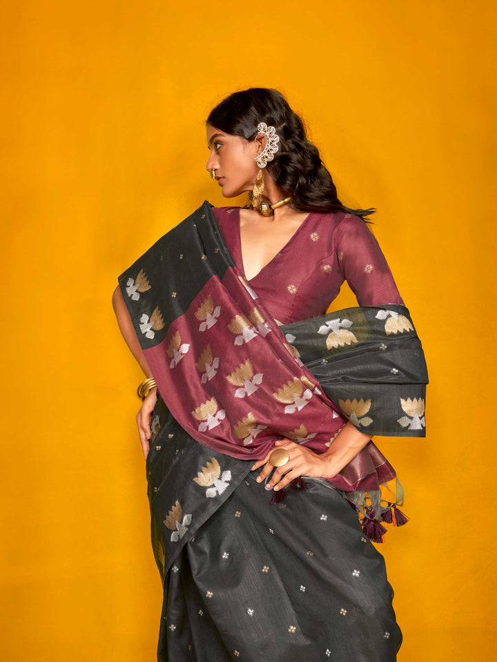Banarasi Sarees Silk Sarees Black Haldi Mehendi Festive Black Krystal Lotus Charcoal Black Wine Purple