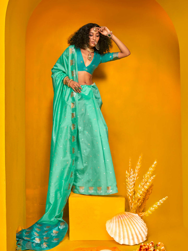 Banarasi Sarees Silk Sarees Green Haldi Mehendi Festive Green Krystal Lotus Green Teal Blue