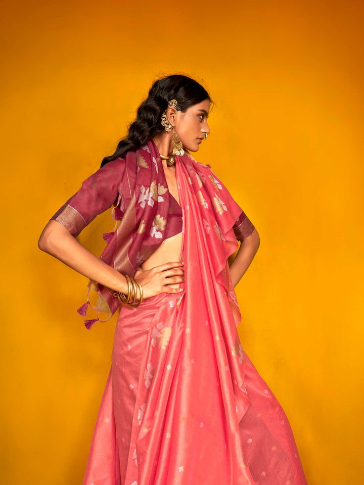 Banarasi Sarees Silk Sarees Pink Haldi Mehendi Festive Pink Krystal Lotus Pink Wine Red