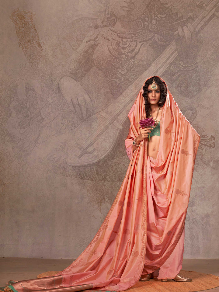 Banarasi Sarees Satin Silk Sarees Grey Traditional Wedding Wedding Coral Kirtan Peach Coral Gold Green