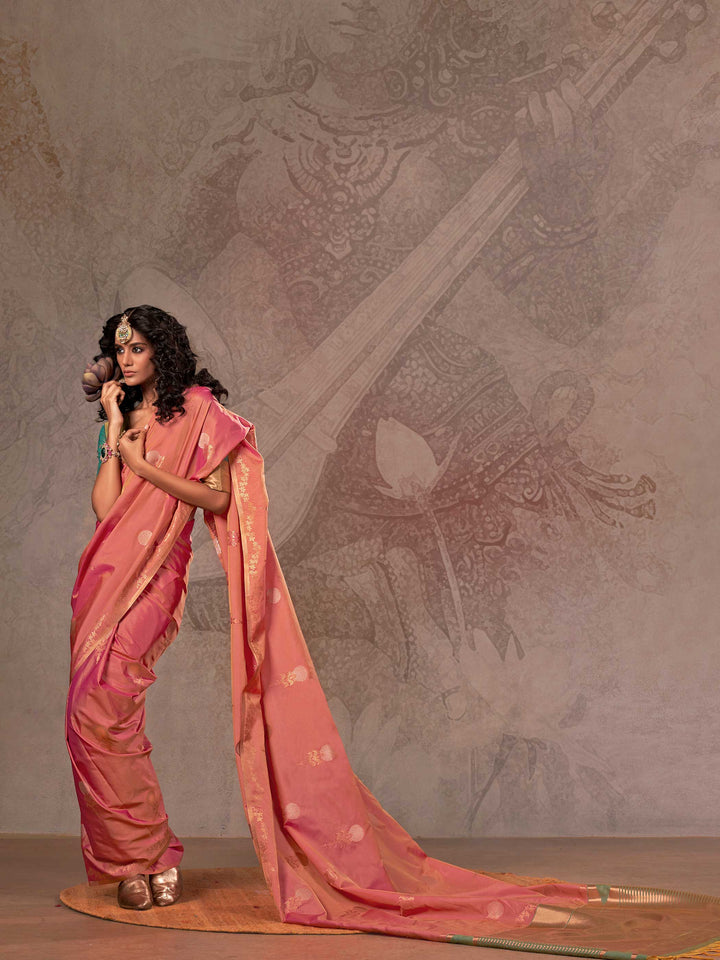 Banarasi Sarees Satin Silk Sarees Pink Traditional Wedding Wedding Pink Kirtan Rani Pink Golden Peach
