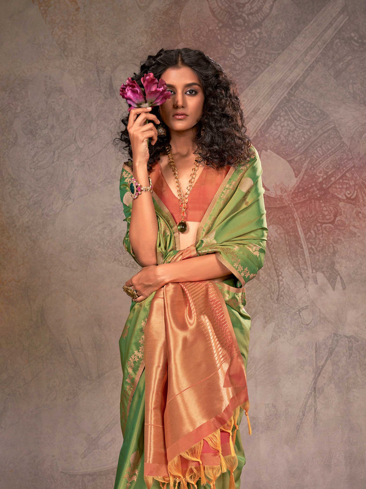 Banarasi Sarees Satin Silk Sarees Green Traditional Wedding Wedding Green Kirtan Leaf Green Copper Peach