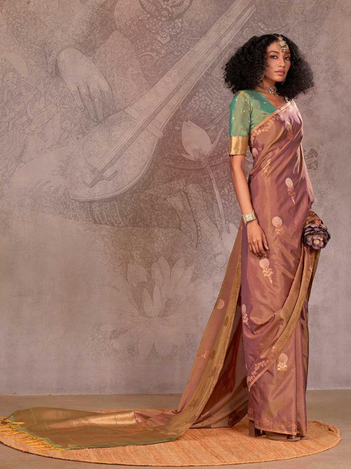 Banarasi Sarees Satin Silk Sarees Pink Traditional Wedding Wedding Rose Kirtan Rose Gold Olive