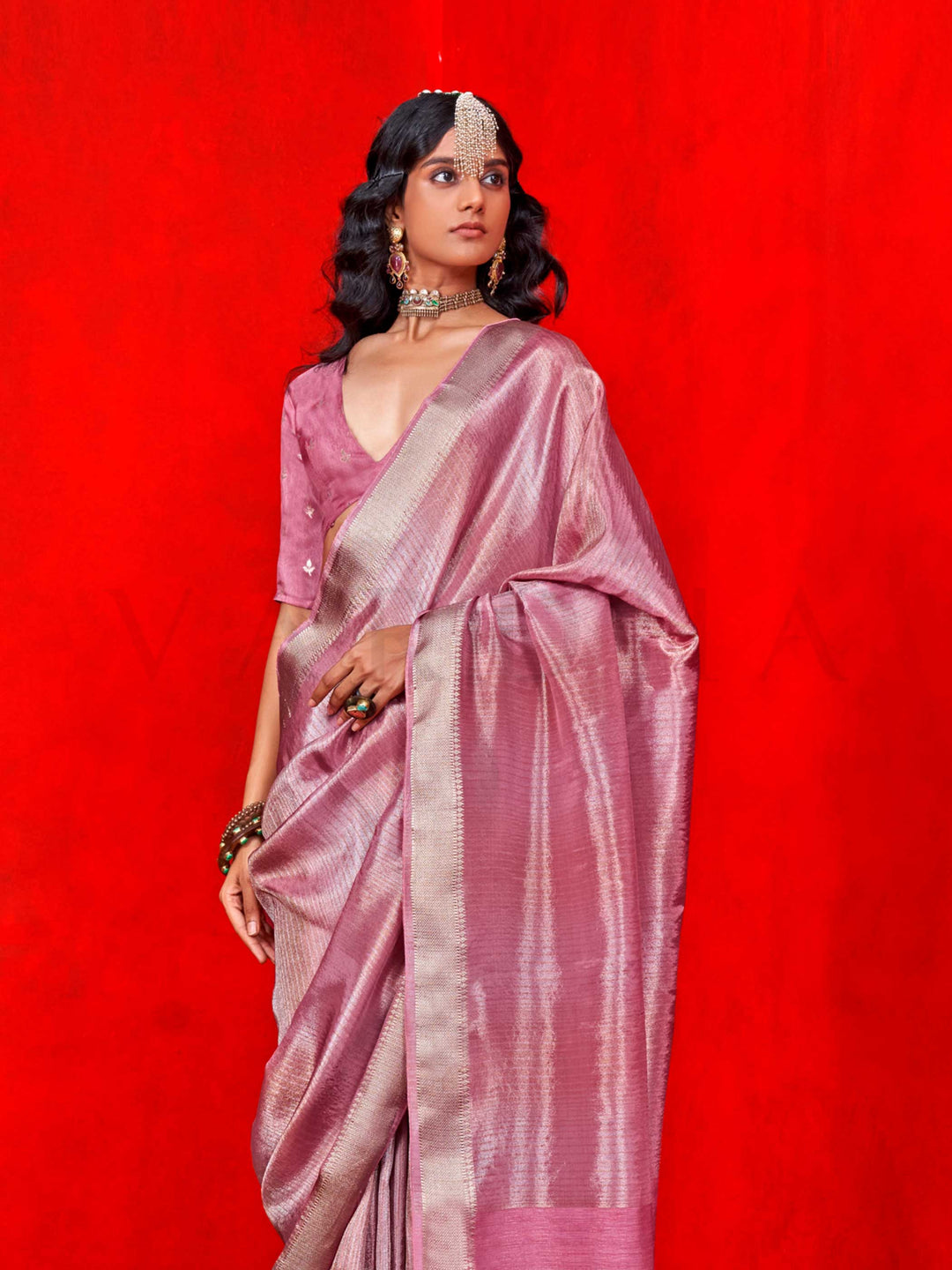 Rose Pink Banarasi Tissue Silk Saree with Viscose Zari Weave