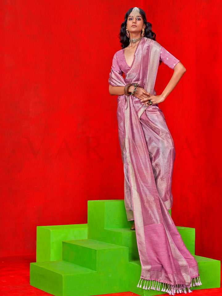 Rose Pink Banarasi Tissue Silk Saree with Viscose Zari Weave