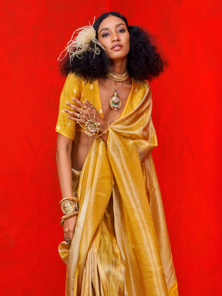 Mustard Gold Banarasi Tissue Silk Saree with Viscose Zari Weave