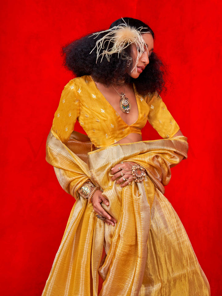 Mustard Gold Banarasi Tissue Silk Saree with Viscose Zari Weave