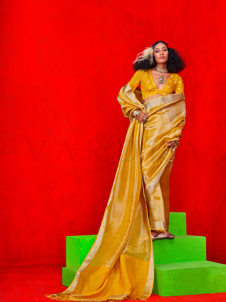 Mustard Gold Banarasi Tissue Silk Saree with Viscose Zari Weave