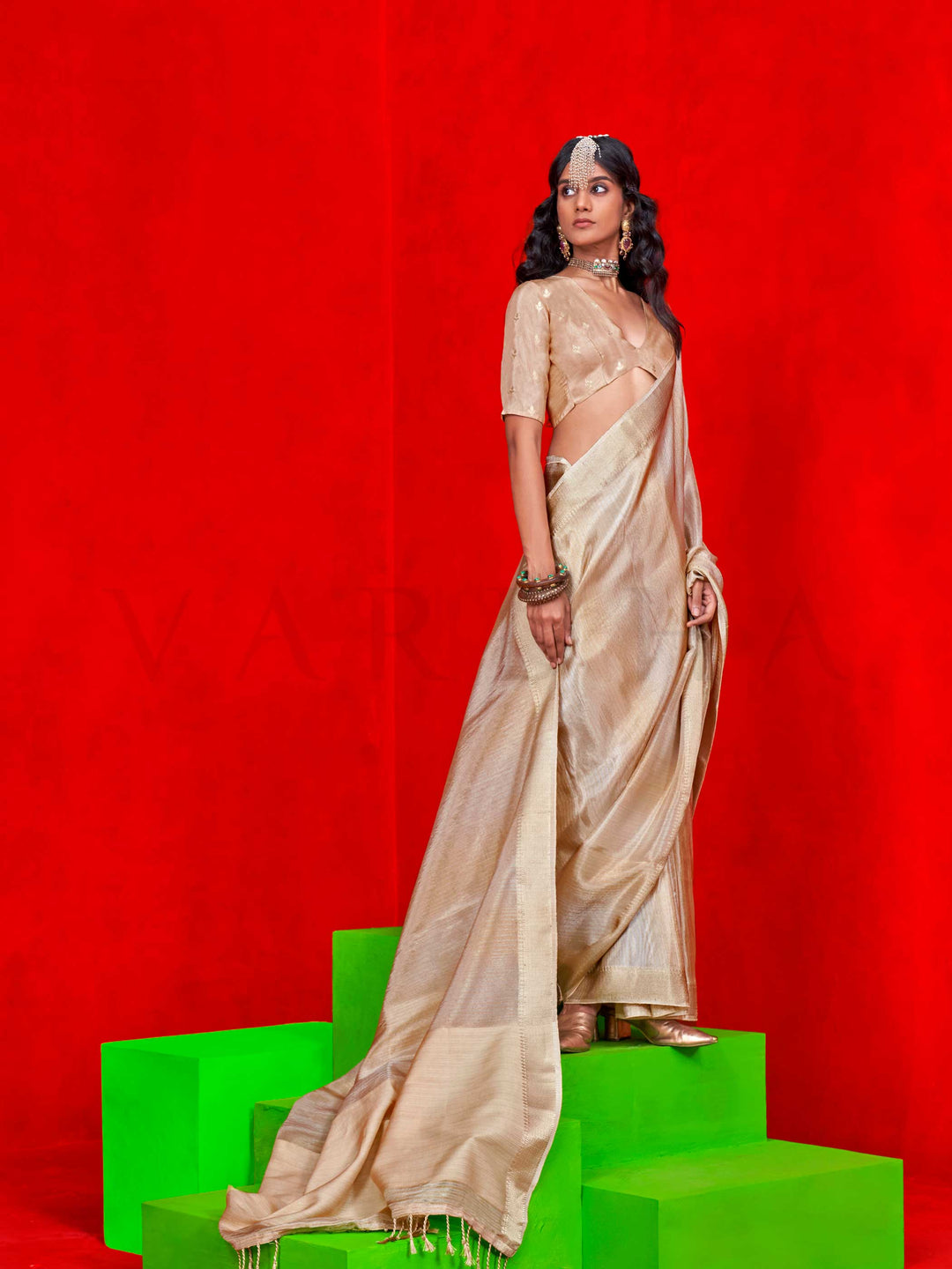 Ivory Cream Banarasi Tissue Silk Saree with Viscose Zari Weave