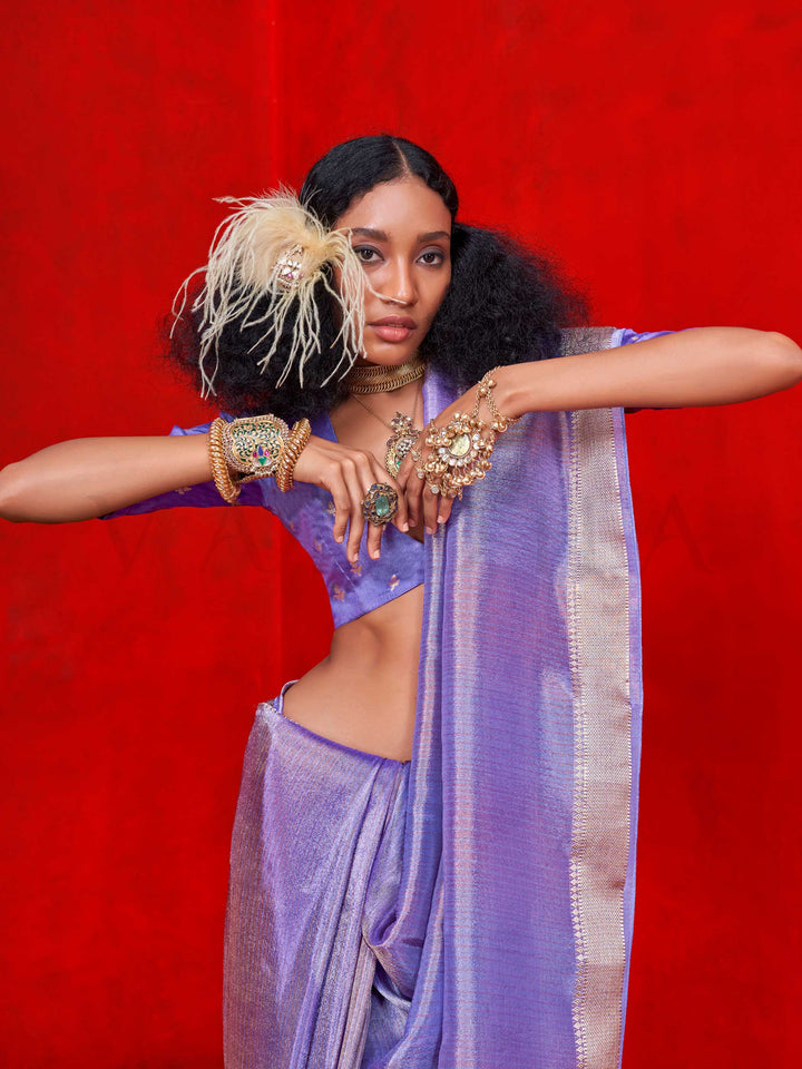 Lavender Purple Banarasi Tissue Silk Saree with Viscose Zari Weave