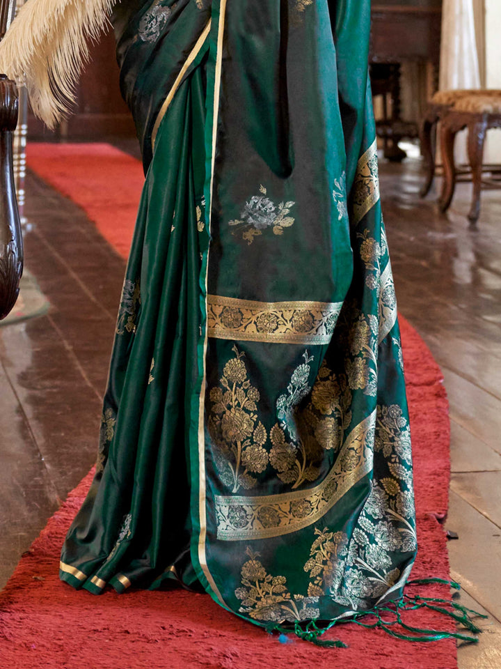 Emerald Green Satin Silk Saree with Woven Zari Work