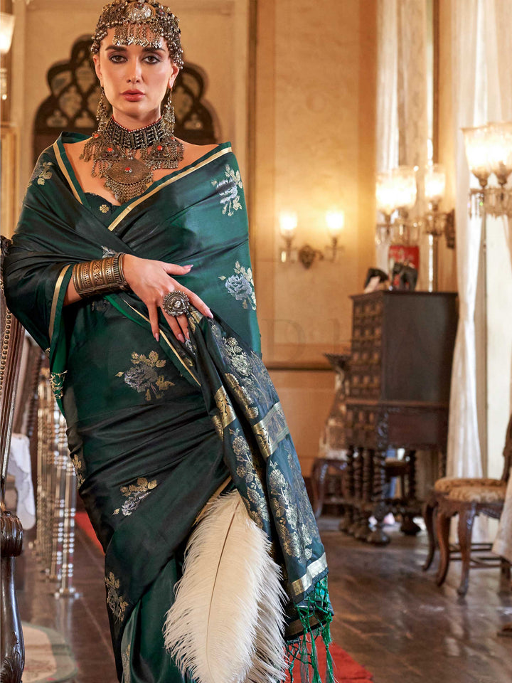 Emerald Green Satin Silk Saree with Woven Zari Work