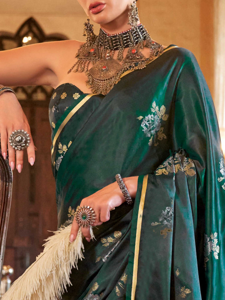 Emerald Green Satin Silk Saree with Woven Zari Work