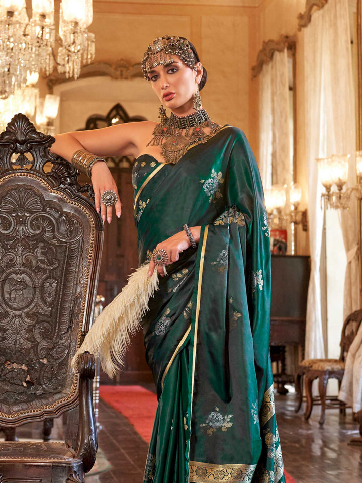 Emerald Green Satin Silk Saree with Woven Zari Work