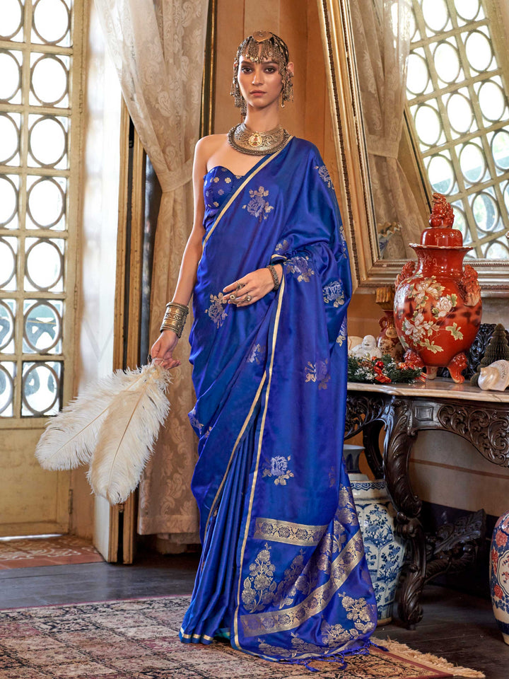 Royal Blue Satin Silk Saree with Woven Zari Work