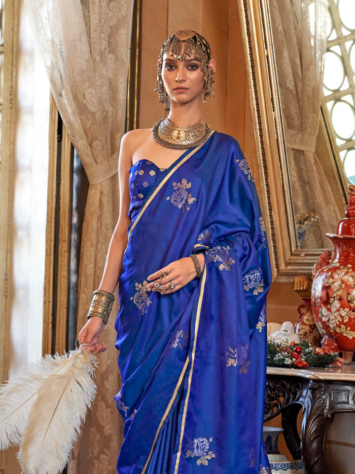 Royal Blue Satin Silk Saree with Woven Zari Work