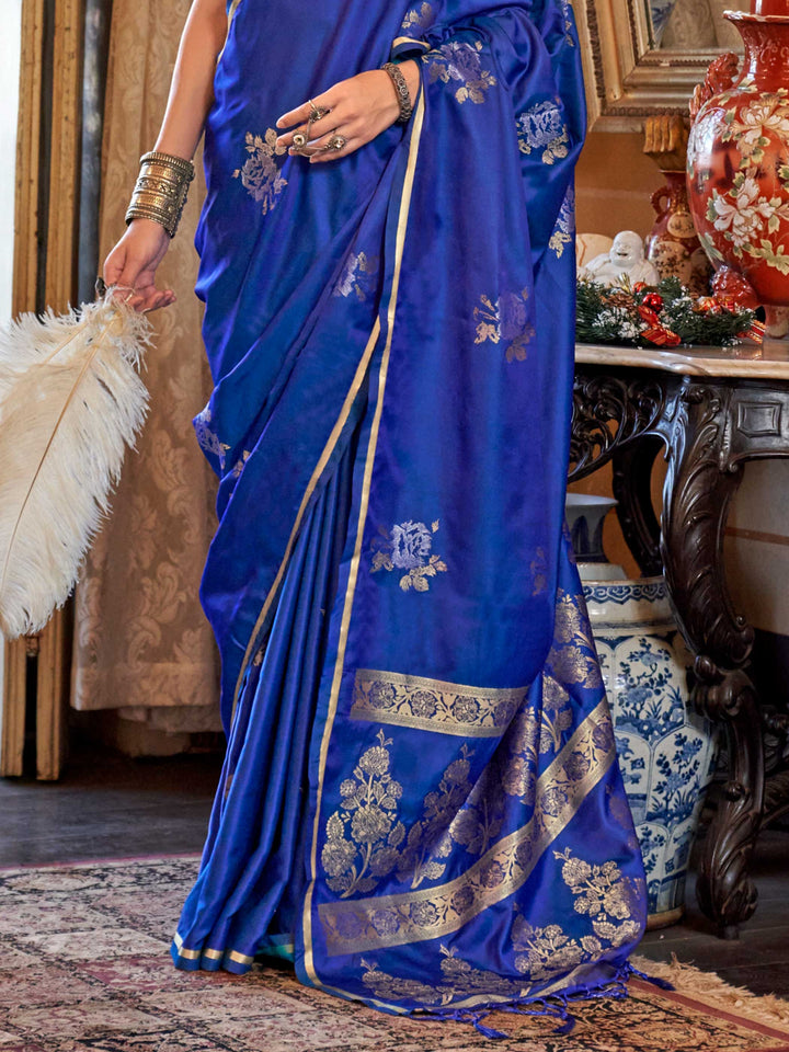 Royal Blue Satin Silk Saree with Woven Zari Work