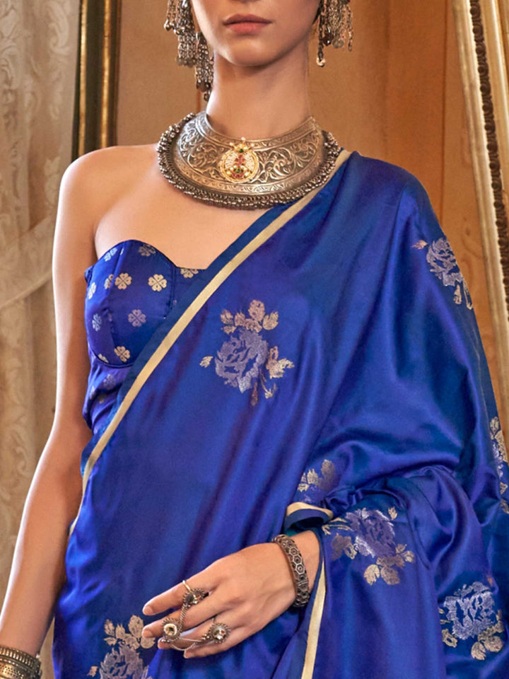 Royal Blue Satin Silk Saree with Woven Zari Work